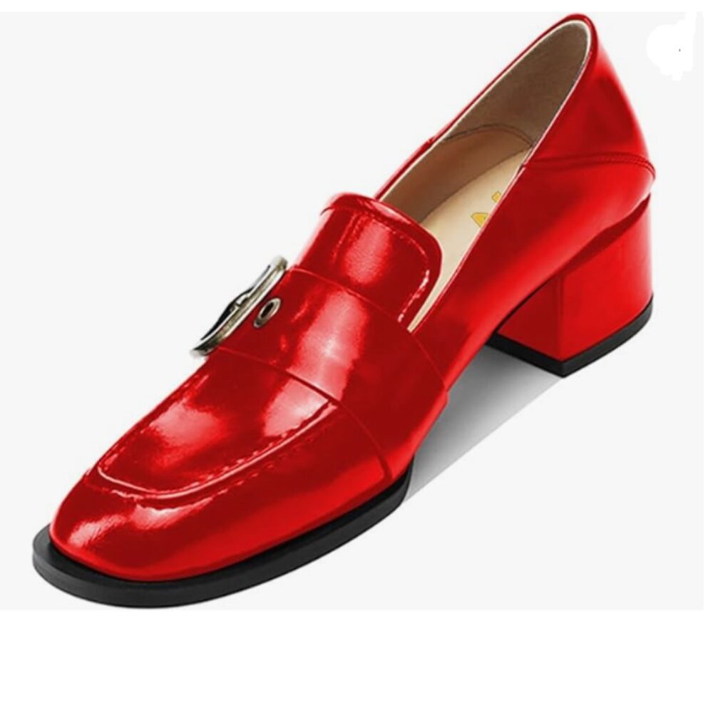 Ydn Red Square Toe Loafers Slip On Block Low Heel… - image 1